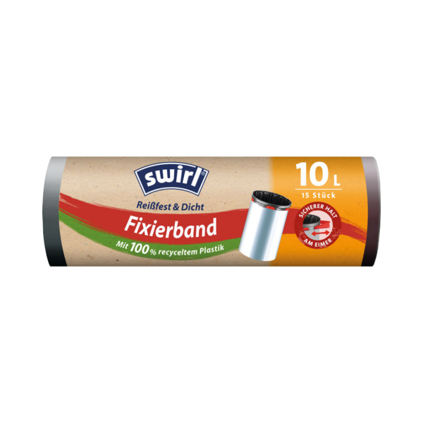 Swirl Fixierband-Müllbeutel Reißfest & Dicht, 10 Liter, mit Elastikband, grau/blickdicht, 40 x 40 cm, aus 100 % recyceltem Plastik, 15 Stück